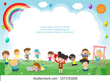 happy children playing in playground. Template for advertising brochure. Ready for your message. background vector illustration