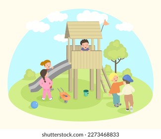 Happy children playing at playground. Vector illustration. Outdoor in Summer School, Kindergarten.