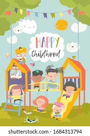 Happy children playing at playgroung. Hello summer