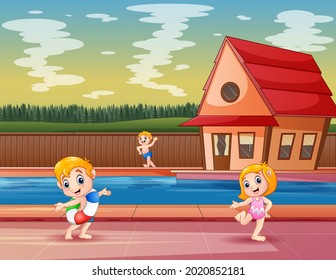 Niños felices jugando junto a la piscina en un complejo turístico o hotel