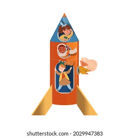 Happy Children Playing with Rocket Peeped Out From Viewing Port and Boarding Big Spaceship Vector Illustration