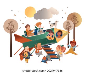 Happy Children Playing with Rocket Peeped Out From Viewing Port and Boarding Big Spaceship Vector Illustration