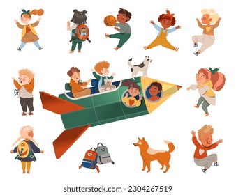 Happy Children Playing with Rocket at Playground Big Vector Set