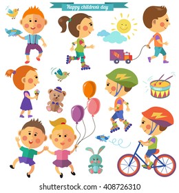 Happy children playing, rollerblading and biking, eating ice cream. Vector set in flat style.