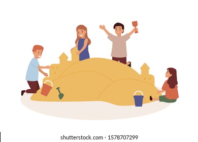 Happy children playing in sandbox flat vector illustration. Kids building sand castles. Preschooler friends cartoon characters isolated on white background. Kindergarten activity, childhood.