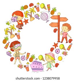 Happy children playing at seashore, beach, sea, ocean. Kids vacation and travelling. Swimming, doodle icons globe, cruise ship, cocktails.