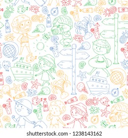 Happy children playing at seashore, beach, sea, ocean. Kids vacation and travelling. Swimming, doodle icons globe, cruise ship, cocktails.