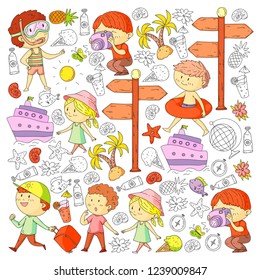 Happy children playing at seashore, beach, sea, ocean. Kids vacation and travelling. Swimming, doodle icons globe, cruise ship, cocktails.