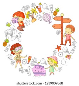 Happy children playing at seashore, beach, sea, ocean. Kids vacation and travelling. Swimming, doodle icons globe, cruise ship, cocktails.