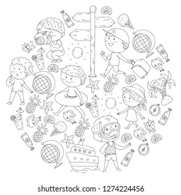 Happy children playing at seashore, beach, sea, ocean. Kids vacation and travelling. Coloring page, book.