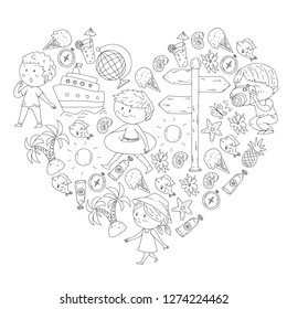 Happy children playing at seashore, beach, sea, ocean. Kids vacation and travelling. Coloring page, book.