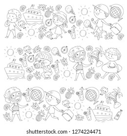 Happy children playing at seashore, beach, sea, ocean. Kids vacation and travelling. Coloring page, book.