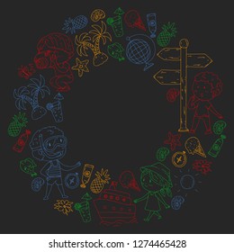 Happy children playing at seashore, beach, sea, ocean. Kids vacation and travelling. Swimming, doodle icons globe, cruise ship, cocktails. Blackboard