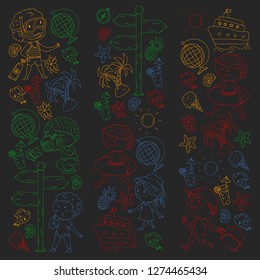 Happy children playing at seashore, beach, sea, ocean. Kids vacation and travelling. Swimming, doodle icons globe, cruise ship, cocktails. Blackboard