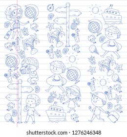 Happy children playing at seashore, beach, sea, ocean. Kids vacation and travelling. Swimming, doodle icons globe, cruise ship, cocktails.