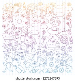 Happy children playing at seashore, beach, sea, ocean. Kids vacation and travelling. Swimming, doodle icons globe, cruise ship, cocktails