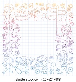 Happy children playing at seashore, beach, sea, ocean. Kids vacation and travelling. Swimming, doodle icons globe, cruise ship, cocktails