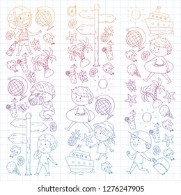 Happy children playing at seashore, beach, sea, ocean. Kids vacation and travelling. Swimming, doodle icons globe, cruise ship, cocktails