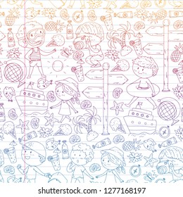 Happy children playing at seashore, beach, sea, ocean. Kids vacation and travelling. Swimming, doodle icons globe, cruise ship, cocktails.