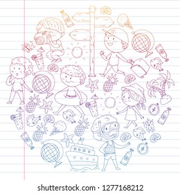 Happy children playing at seashore, beach, sea, ocean. Kids vacation and travelling. Swimming, doodle icons globe, cruise ship, cocktails.