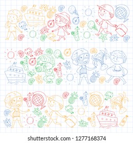 Happy children playing at seashore, beach, sea, ocean. Kids vacation and travelling. Swimming, doodle icons globe, cruise ship, cocktails
