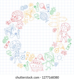 Happy children playing at seashore, beach, sea, ocean. Kids vacation and travelling. Swimming, doodle icons globe, cruise ship, cocktails