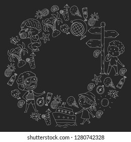 Happy children playing at seashore, beach, sea, ocean. Kids vacation and travelling. Doodle icons globe, cruise ship, cocktails. Blackboard