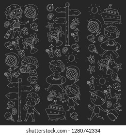 Happy children playing at seashore, beach, sea, ocean. Kids vacation and travelling. Doodle icons globe, cruise ship, cocktails. Blackboard