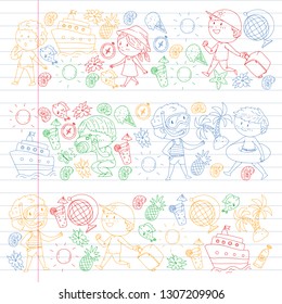 Happy children playing at seashore, beach, sea, ocean. Kids vacation and travelling. Swimming, doodle icons globe, cruise ship, cocktails