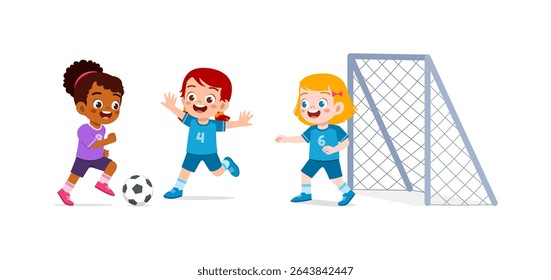 Crianças felizes jogando futebol perto do Goal Post com a ilustração de expressão alegre
