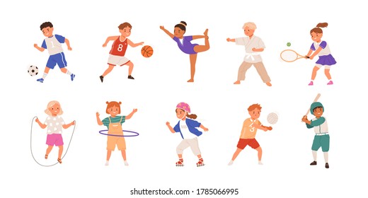 Happy children playing sport game, doing physical exercise. Training set. Football, baseball, tennis, karate. Active healthy childhood. Flat vector cartoon illustration isolated on white background - Shutterstock ID 1785066995