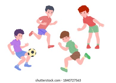 Niños felices jugando al deporte. Muchacho y chica haciendo ejercicio físico. Niños jugando fútbol. Niños activos y sanos. Ilustración de dibujos animados vectoriales planos aislados en fondo blanco