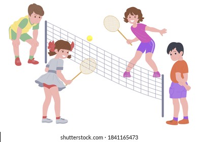 Happy children playing sport game. Boy and girl doing physical exercise. Kids playing tennis. Active healthy childhood. Flat vector cartoon illustration isolated on white background