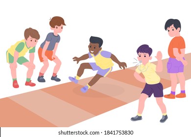 Niños felices jugando al deporte. Muchacho y chica haciendo ejercicio físico. Los niños saltan de largo. Niños activos y sanos. Ilustración de dibujos animados vectoriales planos aislados en fondo blanco