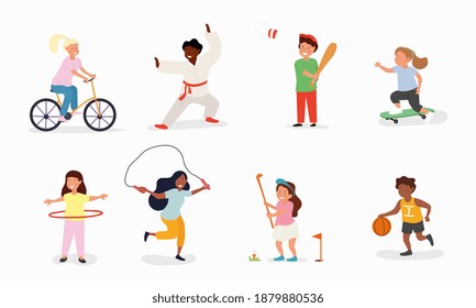 Happy children playing sport game, doing physical exercise. Training set. . Active healthy childhood. Flat vector cartoon illustration isolated on white background