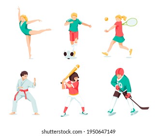 Happy children playing sport game. Training set. Football, tennis, karate, baseball, hockey, gymnastic. Active healthy childhood. Flat vector cartoon illustration isolated on white background