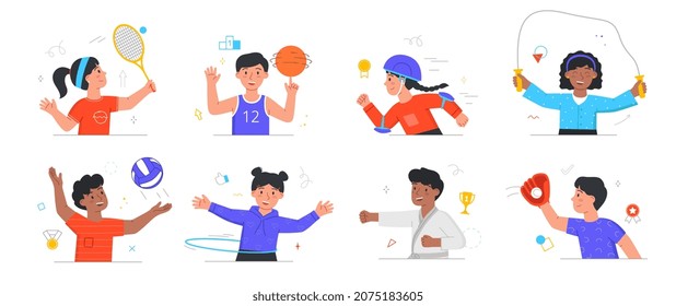 Happy children playing sport game. Set of boys and girls playing basketball, volleyball. Characters rollerblade, spin hoop and perform exercises. Cartoon flat vector collection isolated on white