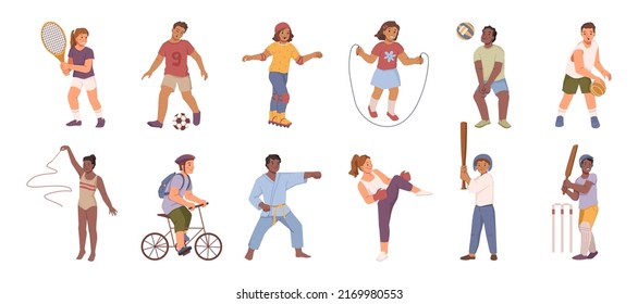 Happy Children Playing Sport Game, Characters Doing Physical Exercises. Vector Boys And Girls Playing Tennis, Football, Riding Bike And Play Basketball. Taekwondo And Boxing, Cricket And Gymnastics