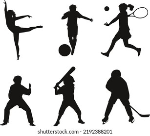 Happy children playing sport game isolated Vector Silhouettes