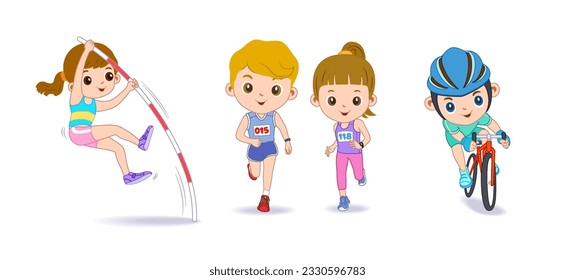 Happy children playing sport game, doing physical exercise. Training set. Active healthy childhood. Flat vector cartoon illustration isolated on white background