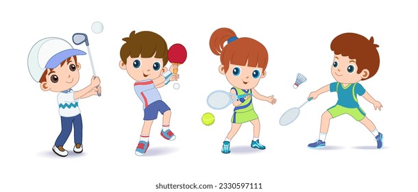 Happy children playing sport game, doing physical exercise. Training set. Active healthy childhood. Flat vector cartoon illustration isolated on white background