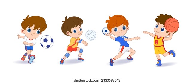 Happy children playing sport game, doing physical exercise. Training set. Active healthy childhood. Flat vector cartoon illustration isolated on white background