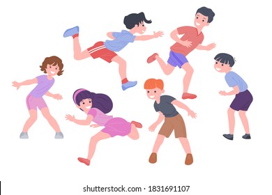 Happy children playing sports games. The boys and the girl are doing physical exercises. Children play catch-up. Active healthy childhood. Set of flat vector illustration isolated on white background