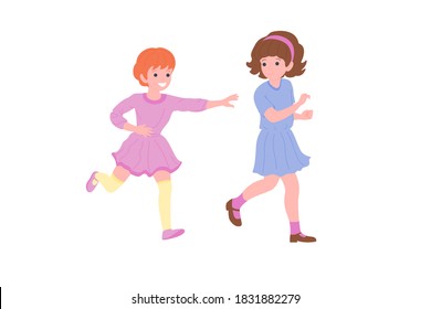 Happy children playing sports games. The boys and the girl are doing physical exercises. Children play catch-up. Active healthy childhood. Cartoon flat vector illustration isolated on white background