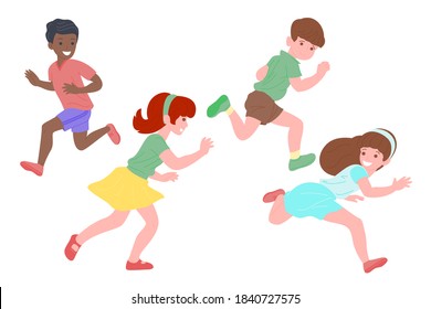 Happy children playing sports games. The boys and the girl are doing physical exercises. Children play catch-up. Active healthy childhood. Set of flat vector illustration isolated on white background