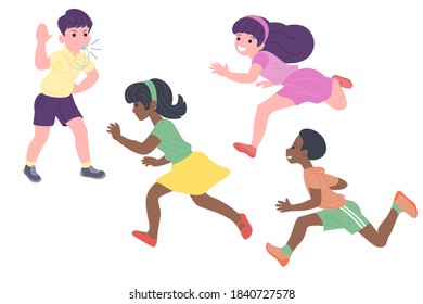 Happy children playing sports games. The boys and the girl are doing physical exercises. Children play catch-up. Active healthy childhood. Set of flat vector illustration isolated on white background