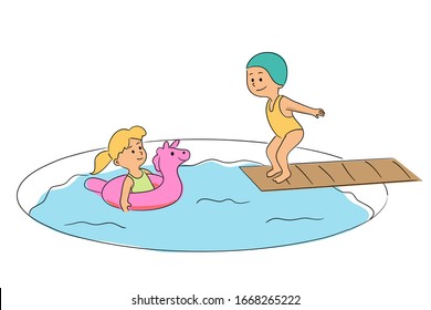 Happy children playing in swimming pool in aqua park. Boy wearing special cap ready to jump from board in water. Girl swim in rubber inflatable circle. Active summer recreation. Vector illustration