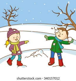 happy children playing throwing snowballs