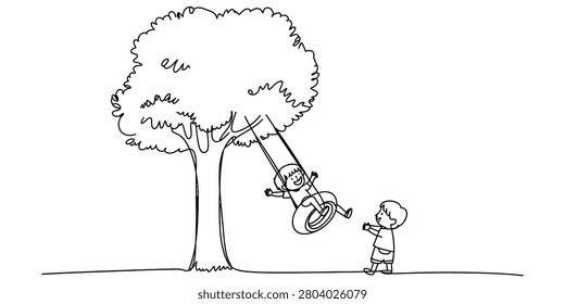 Happy children playing with a tire swing hanging from a big tree in the garden during a beautiful sunny summer day Vector, illustration