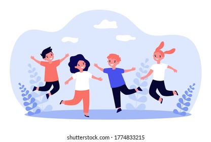 Happy children playing together. Cheerful boys and girls jumping outdoors, having fun and laughing with nature in background. Vector illustration for childhood, active kids, joy concept